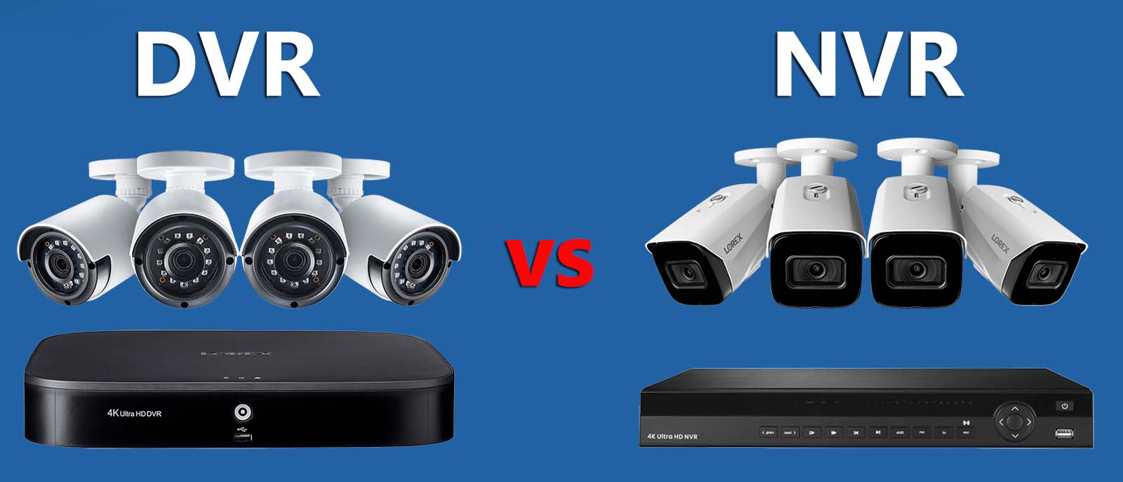A DVR and an NVR recorder side by side, each with four cameras