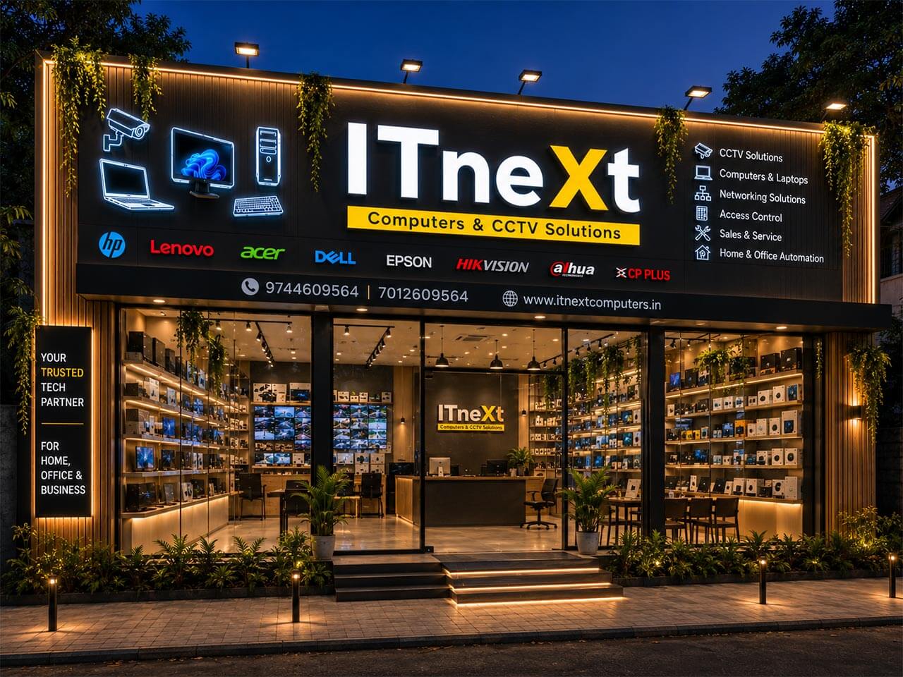 The ITnext showroom front, lit up at night